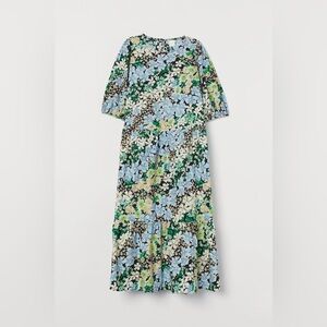 H&M Blue and Green Floral Puff Sleeve Dress Size S